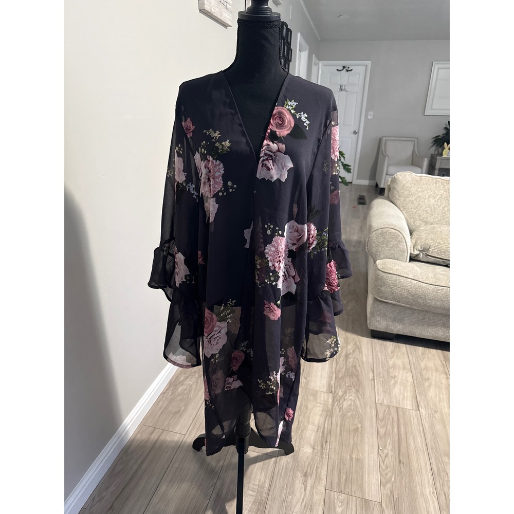 Live 4 Truth Floral Sheer Kimono Cardigan Ruffle Bell Sleeve Black Pink 2X